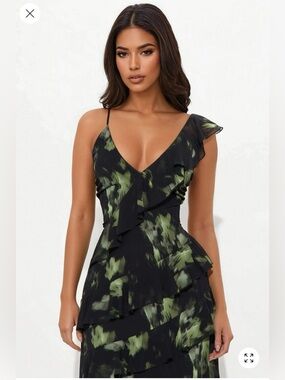 Fashion Nova Black and Olive Green Ruffle Tiered Maxi Dress